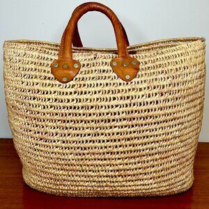 Vintage Leather Handled Handwoven Moroccan Basket Tote